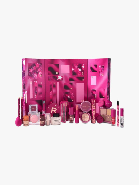 Revolution Makeup Advent Calendar in multiple branded components on a light gray background